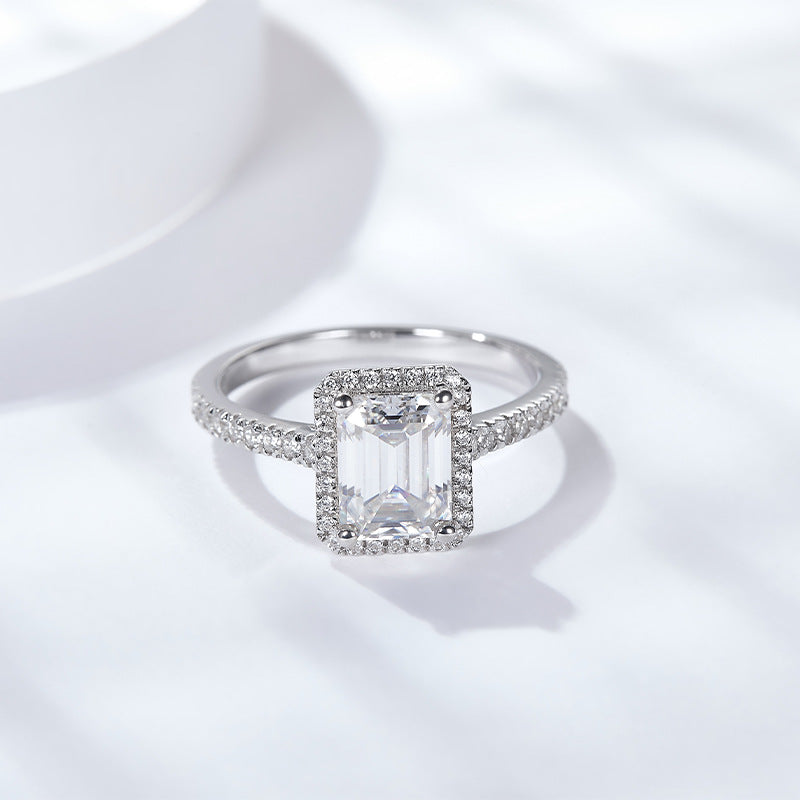 6*8mm emerald cut moissanite diamond ring ladies S925 silver plated 18k gold ring
