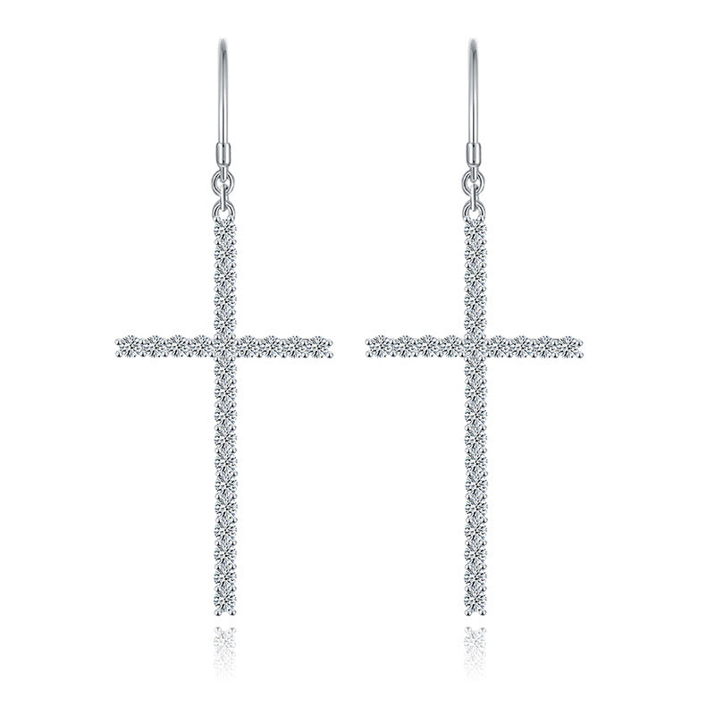 Oversized cross full diamond 1.8mm round moissanite ear hook S925 silver plated 18k gold earrings